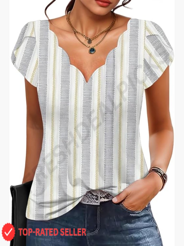 Seashell Edge V Neck Tunic Blouse Petal Sleeve Casual Dressy Top Women Summer